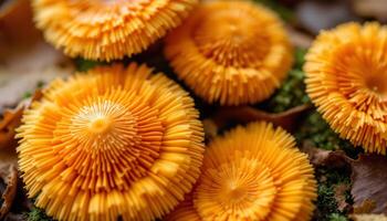 Vibrant Orange Fan-Shaped Mushrooms Bursting From Forest Floor Amidst Autumn Leaves photo