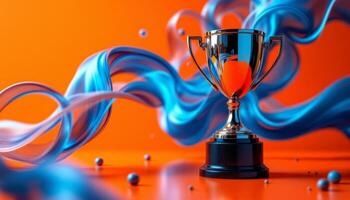 A Golden Trophy Shimmers Amidst Bold Orange and Dynamic Blue Swirls of Abstract Success photo