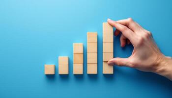 Building Success, Hand Stacking Wooden Blocks into a Rising Bar Graph Representation photo