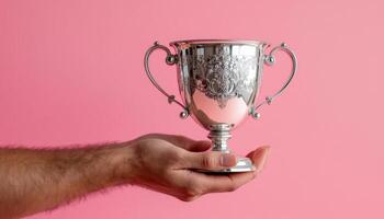 Holding High the Prize A Silver Trophy Symbol of Victory on Pink Backdrop photo