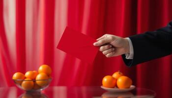 Presenting a Red Envelope Symbolizing Luck and Prosperity with Festive Oranges Nearby photo
