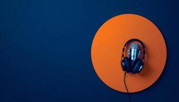 Podcast studio essentials microphone and headphones against bold minimalist color palette photo