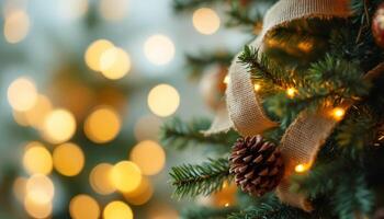 A Rustic Christmas Tree with Burlap Ribbon and Warm Glowing Lights Creating a Cozy Holiday Scene photo
