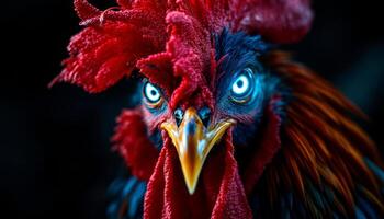 Intense Gaze of the Mystical Rooster with Glowing Eyes and Vivid Plumage photo