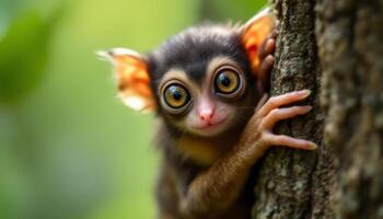 Wide-Eyed Wonder, A Curious Tarsier Peeks From Behind the Tree Trunk Smiling photo