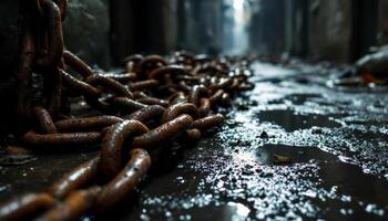 Rusty Chains Lie Abandoned in a Puddled Alleyway Reflecting an Industrial Past photo