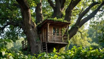 A Charming Rustic Treehouse nestled among ancient trees offers a serene woodland escape photo