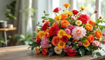 Vibrant bouquet of roses, dahlias, and gerberas sitting on a wooden table by a window photo