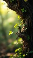 New life sprouts on an aged tree trunk in the tranquil forest sunlight photo