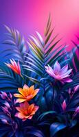 Vibrant tropical blooms against a gradient of pink and blue with lush palm leaves photo