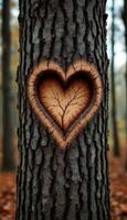 A Heart Carved in Time, Love,s Mark Etched on Ancient Tree Bark in an Autumn Forest photo