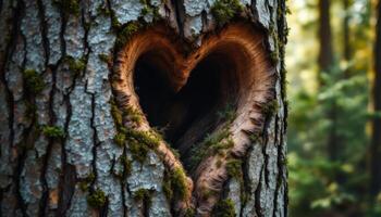 A heart-shaped hollow in an old tree trunk with mossy bark reveals nature,s loving embrace photo
