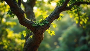 Sunlit Tree Branch with New Growth in a Soft Focus Green Forest Setting photo