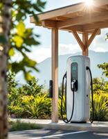 Electric vehicle charging station nestled in a serene natural landscape with mountains in the distance photo