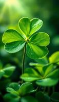 Emerald Green Clover with Dewdrops Shining in Soft Sunlight photo