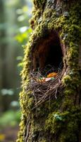 A Mossy Tree,s Hollow Nest With Fallen Leaves Awaiting Spring,s Arrival photo