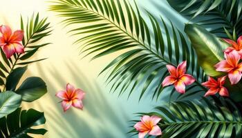 Tropical Paradise, Pink Plumeria and Lush Greenery under Soft Sunlight photo