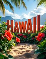 Island Paradise Awaits, Lush Hibiscus and Iconic Hawaii Sign by Sandy Shore photo