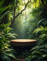 A Wooden Platform Awaits Amongst Lush Tropical Ferns and Mist-filled Rainforest Foliage photo