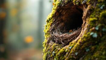 A cozy hollow in a mossy tree trunk reveals a bird,s nest amidst a serene forest setting photo