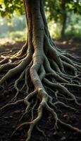The intricate roots of a mature tree reaching deep into the earth in a mystical forest setting photo