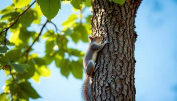 A nimble squirrel climbs a rough tree trunk against a backdrop of bright green leaves and blue sky photo