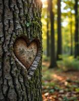 A Heart Carved Into Time The Moss Covered Bark Of A Loving Tree In A Sunlit Forest photo