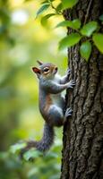 Squirrel,s Acrobatic Climb A Playful Ascent Up a Textured Tree in a Forest Environment photo