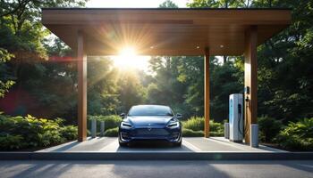 Electric Vehicle Charging Station with a Modern Carport and Lush Greenery at Sunset photo