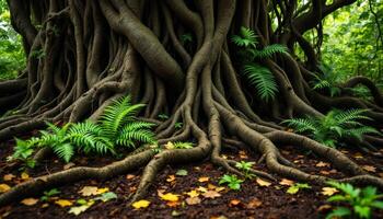 Ancient Tree Roots Unfolding Among Ferns in a Mystical Forest Environment photo