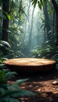 Mystical Jungle Platform with Sunlight and Lush Greenery Creates an Enchanting Scene photo