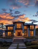 Luxury Modern Home Gleaming Under the Vibrant Colors of a Twilight Sky photo