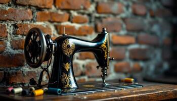Vintage Elegance, A Detailed View of an Antique Sewing Machine with Spools of Thread on a Wooden Table photo