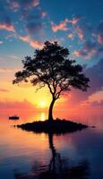 Solitary Island Tree Reflecting in Sunset Serenity with Distant Boat photo
