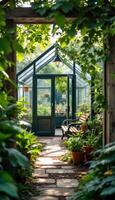 A lush greenhouse retreat framed by verdant foliage and a stone path leading to a peaceful sanctuary photo