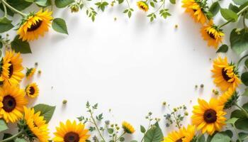 Elegant Sunflower Frame with Lush Green Leaves on White Background photo