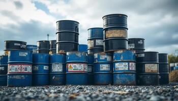 A multitude of industrial barrels stacked in an outdoor storage area with a cloudy sky background photo