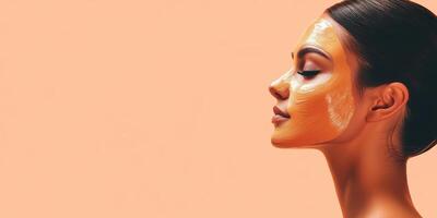 Side profile of woman with facial mask on peach background for skincare concept photo