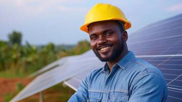 Smiling male engineer in denim and hard hat near solar panels outdoors photo