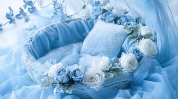 Elegant blue and white floral arrangement in decorative basket with delicate roses photo