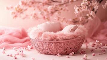 Delicate pink basket with soft cushion surrounded by cherry blossom petals photo