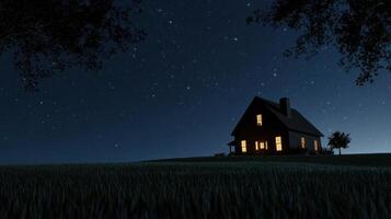 Cozy house illuminated at night on tranquil starry landscape with silhouetted trees photo