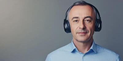 Mature man listening with headphones enjoying music in casual shirt against gray background photo