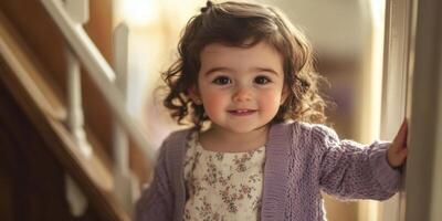 Charming little girl with curly hair smiling in a cozy home setting photo