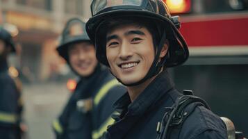 Smiling male firefighter in uniform with colleague and fire engine in background photo