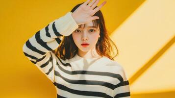 Young woman in striped sweater posing with hand raised against yellow background photo