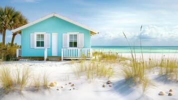 Charming blue beach house by the ocean with sandy surroundings in a tropical paradise photo