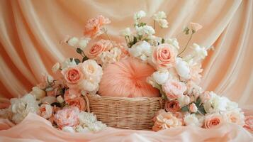 Basket filled with peach and white flowers against elegant draped background photo