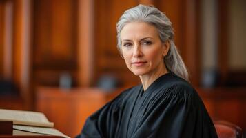 experimentado hembra juez en sala de justicia ajuste con legal libros detrás foto