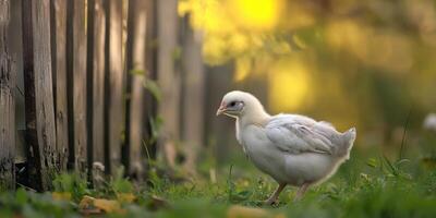 Young white chicken exploring grass near rustic wooden fence in sunlit garden photo
